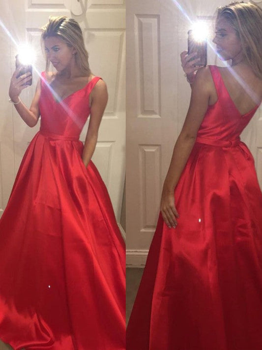 Vestidos de fiesta elegantes de satén sin mangas con escote en V y corte A