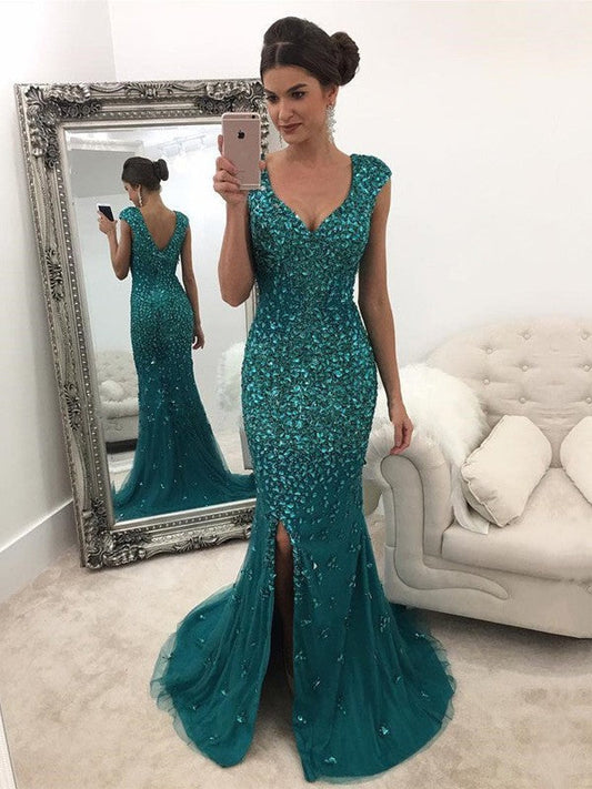 Vestidos de fiesta elegantes de tul con lentejuelas, sin mangas y escote en V, corte A