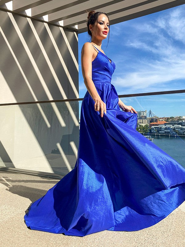 Elegante vestido de fiesta asimétrico de tafetán con volantes, escote en V y corte A sin mangas