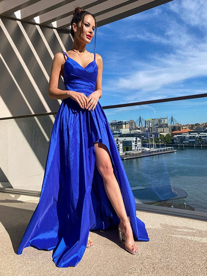 Elegante vestido de fiesta asimétrico de tafetán con volantes, escote en V y corte A sin mangas