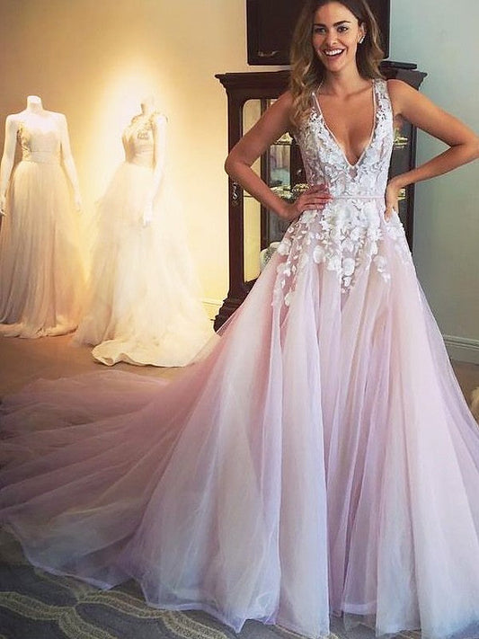 Vestidos de fiesta elegantes de corte A/cuello en V de tul sin mangas con apliques