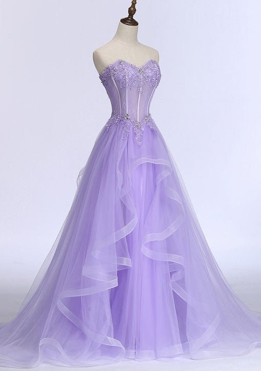 Kaitlyn | A-Linien-Ballkleid aus Tüll mit Herzausschnitt, ärmelloser Schleppe und Perlenapplikation