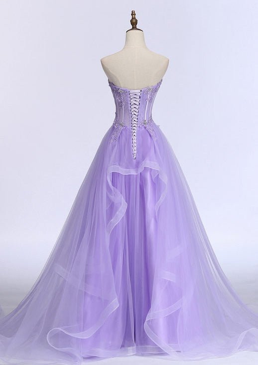 Kaitlyn | A-Linien-Ballkleid aus Tüll mit Herzausschnitt, ärmelloser Schleppe und Perlenapplikation