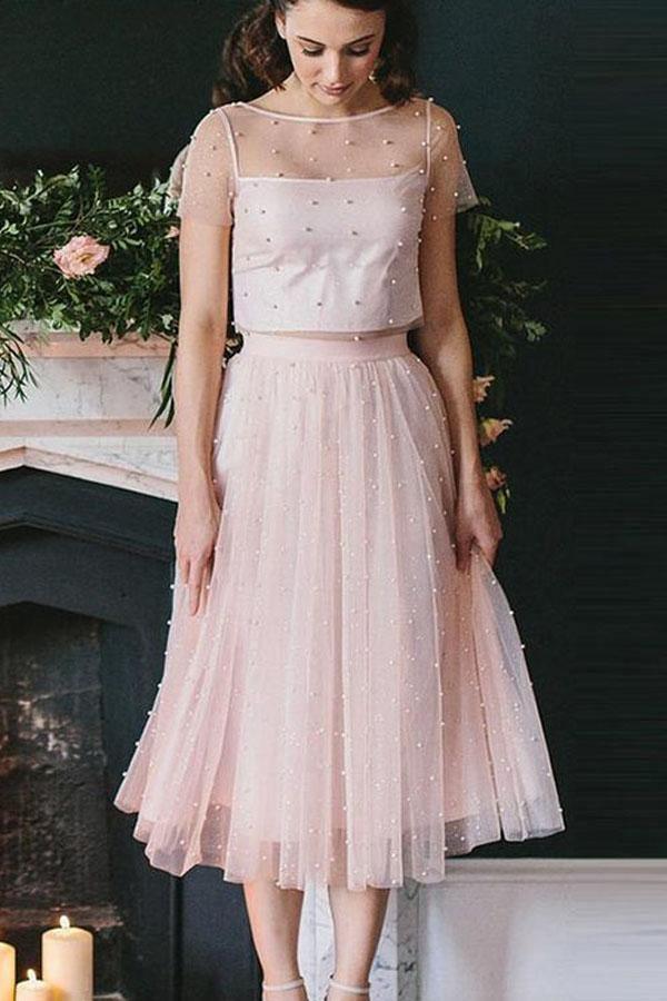 Vestido de dos piezas corte A/princesa de tul, mangas cortas, escote redondo y largo hasta la rodilla PD412