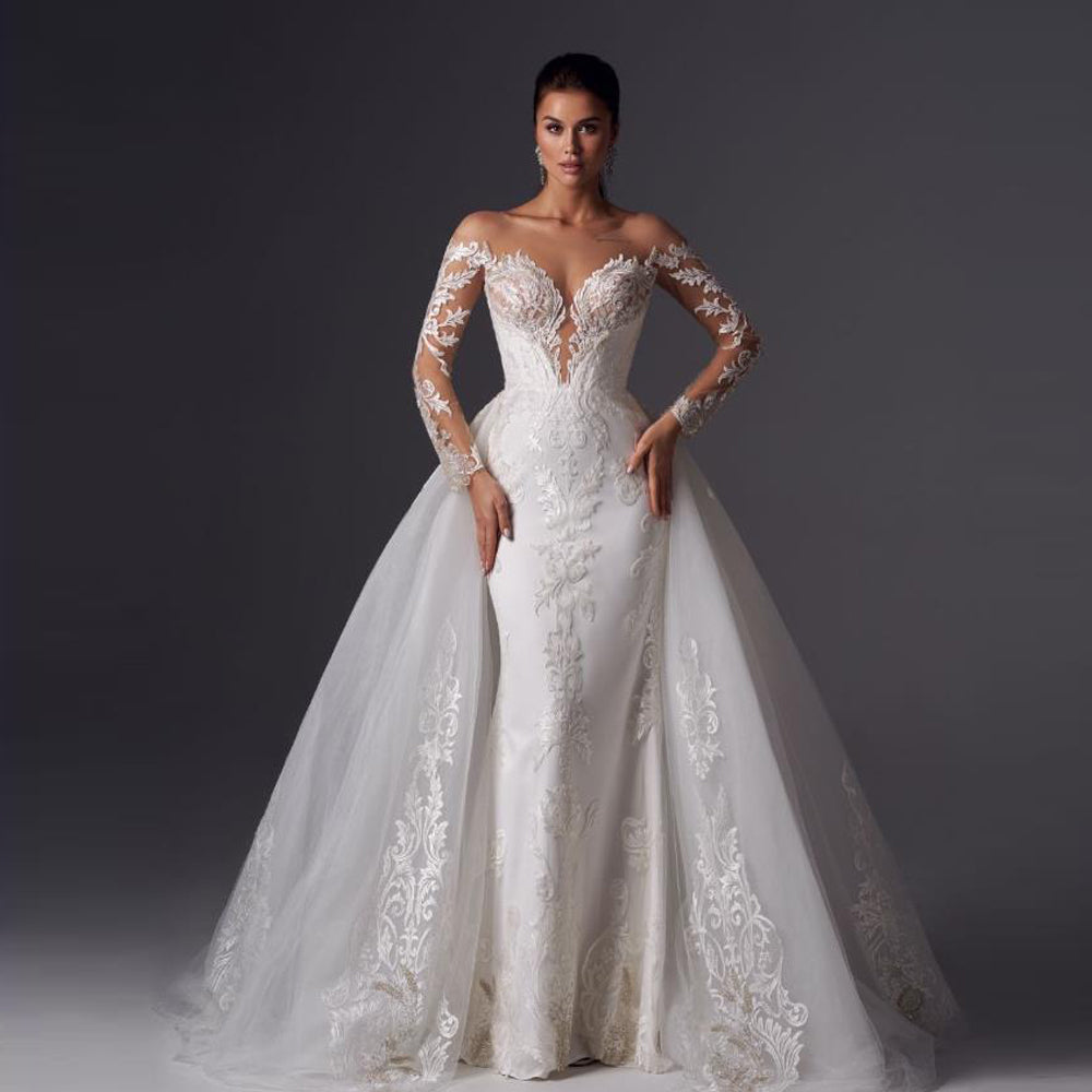 Loverxu Mermaid Vintage Wedding Dresses 2023 Sweetheart Long Sleeve Vestido De Novia Appliques Detachable Train Robe De Mariee-payinti