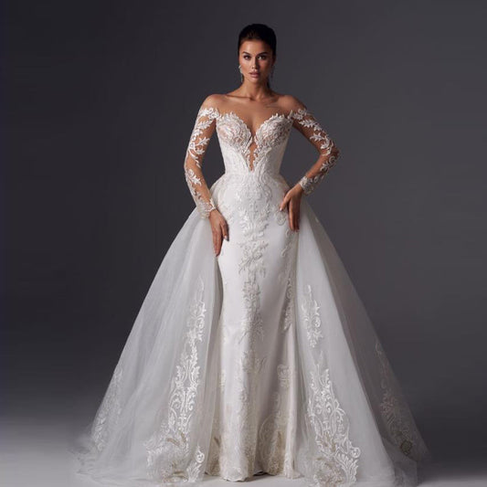 Loverxu Mermaid Vintage Wedding Dresses 2023 Sweetheart Long Sleeve Vestido De Novia Appliques Detachable Train Robe De Mariee-payinti