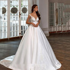 Boho Satin Wedding Dresses A line Lace Appliques Bridal Gowns Elegant V Neck Princess Wedding Party Gowns-payinti