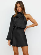 Autumn Winter Women Clothing Evening Dress: High Grade Satin One Shoulder Elegant Dress