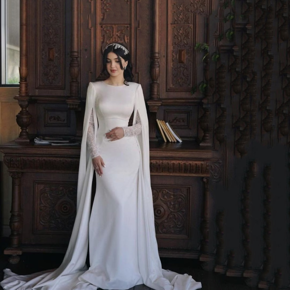 Classic Satin Lace A Line Wedding Dress For Woman 2024 O Neck Long Sleeve With Jacket Party Dresses Simple Elegant White Robe-payinti