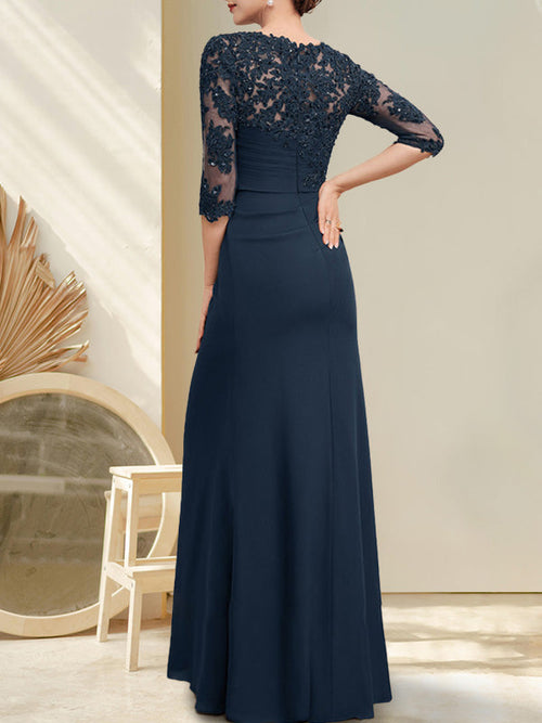Vestido de gasa para madre de la novia con encaje, escote redondo y largo hasta el suelo, con lentejuelas plisadas y abalorios