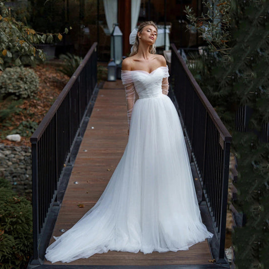 Simple Tulle Long Sleevees Wedding Dresses 2023 For Bridal Off Shoulder Backless A-Line Sweep Train Boho Vestido De Novia-payinti