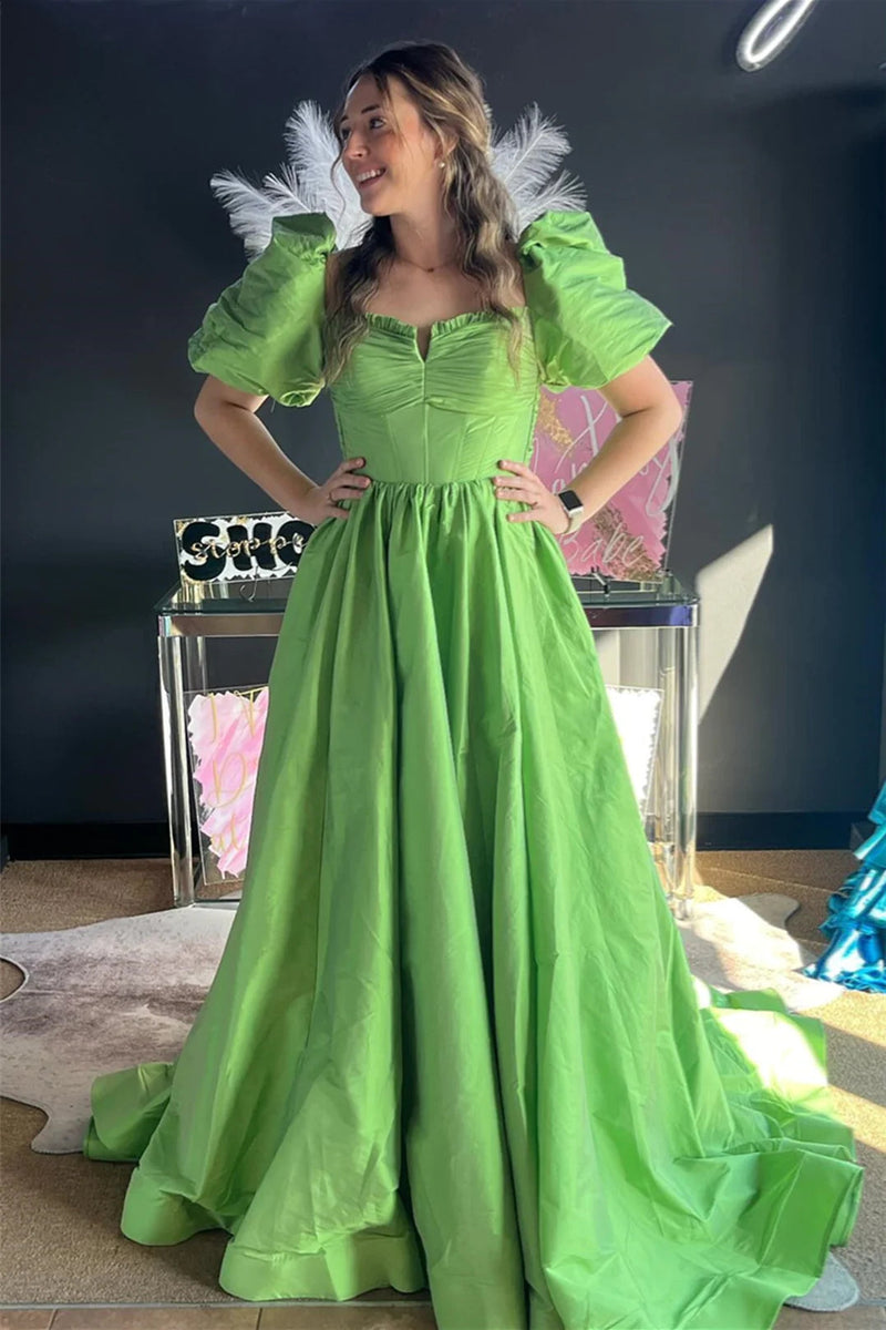 Lynette | Square Neck Fuchsia Puff Sleeves A-Line Prom Dress