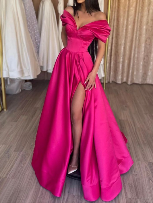 Stylish A-Line Off the Shoulder Satin Long Prom Dress Hot Pink Pleats Evening Dress With Slit  Y7644