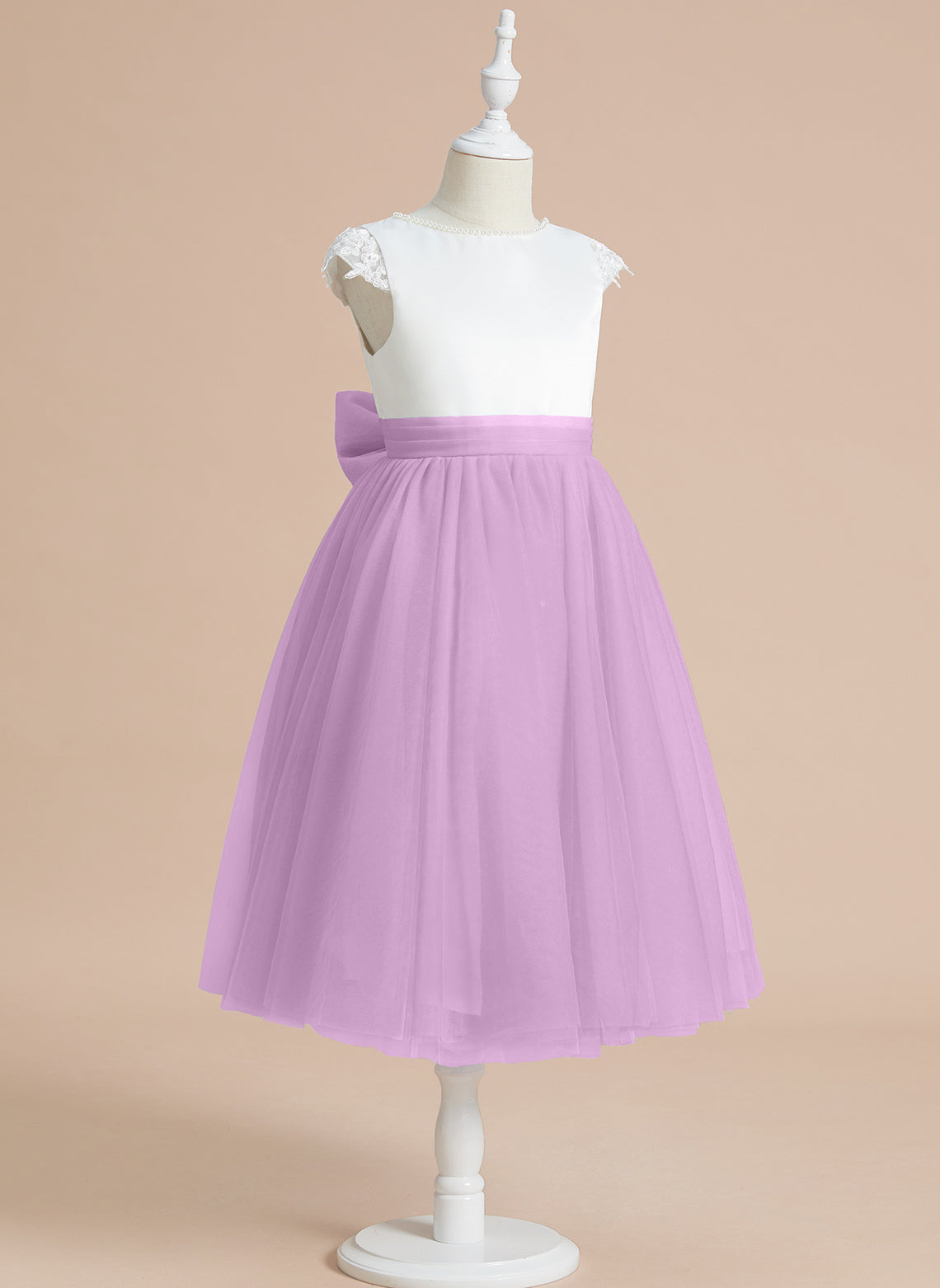 Vestido de niña de las flores de primera comunión de tul satinado con corte en A y largo hasta la rodilla