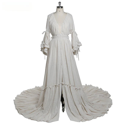 Deep V Neck Long Sleeves Maternity Dresses for Photo Shoot with Front Buttons and Adjustable Waist Sunnderly SY211202