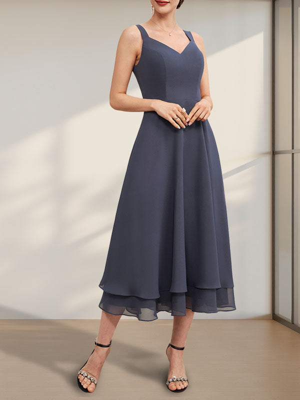 A-Linie V-Ausschnitt Wadenlanges Chiffonkleid für die Brautmutter