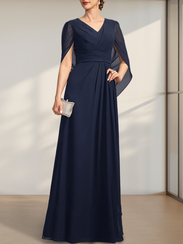 Vestido de gasa para madre de la novia con escote en V, largo hasta el suelo, con pliegues