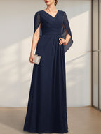 Vestido de gasa para madre de la novia con escote en V, largo hasta el suelo, con pliegues