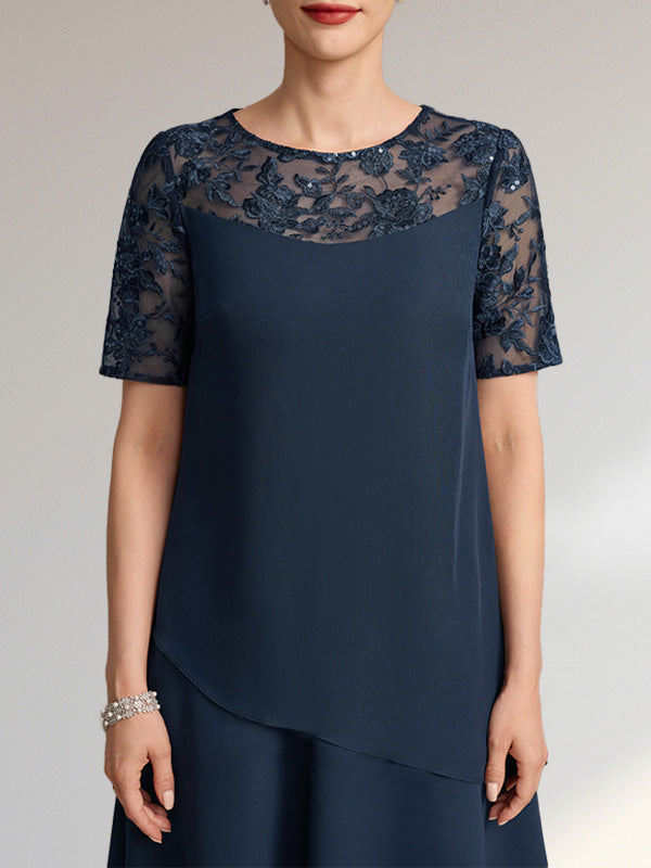 Vestido de gasa con encaje y lentejuelas para madre de la novia, corte A, escote ilusión, largo hasta la rodilla