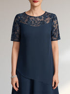 Vestido de gasa con encaje y lentejuelas para madre de la novia, corte A, escote ilusión, largo hasta la rodilla
