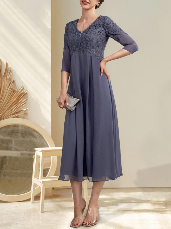 Vestido de gasa con encaje y escote en V, largo hasta la rodilla, para madre de la novia con cuentas