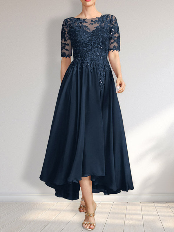 Vestido de madre de la novia de gasa asimétrica con encaje, ilusión, corte A y lentejuelas