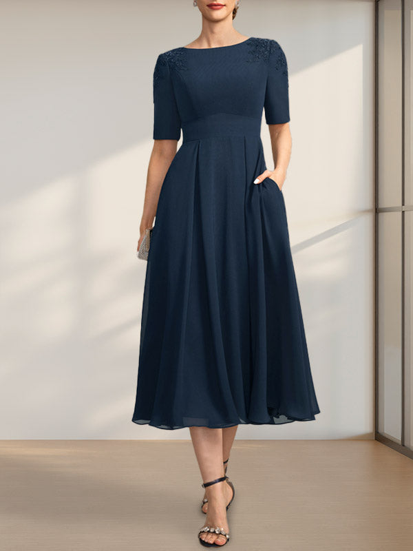 Vestido de gasa para madre de la novia, corte A, escote redondo, largo hasta la rodilla, con apliques de encaje y lentejuelas