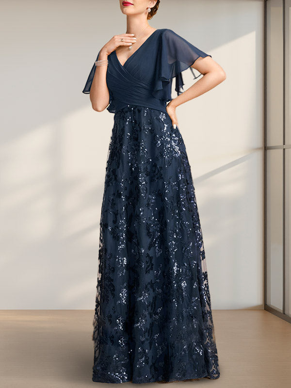 A-Linie V-Ausschnitt Bodenlang Spitze Pailletten Chiffon Mutter der Braut Kleid Mit Plissee