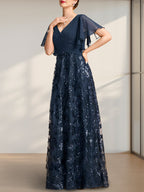 A-Linie V-Ausschnitt Bodenlang Spitze Pailletten Chiffon Mutter der Braut Kleid Mit Plissee