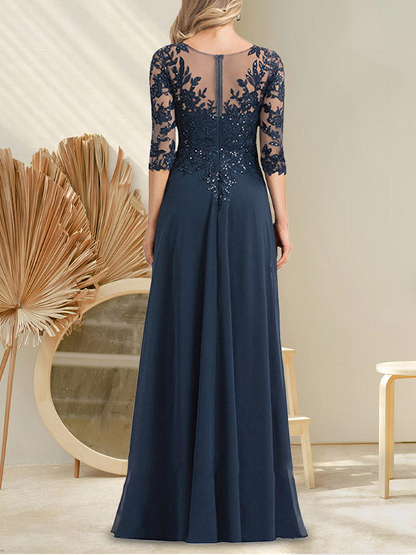 Vestido de madre de la novia de gasa con encaje, escote en V y lentejuelas, largo hasta el suelo