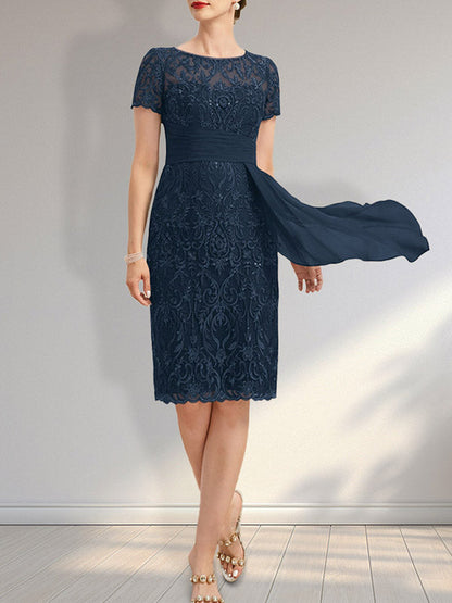 Vestido de madre de la novia de gasa con encaje, escote redondo, ilusión, largo hasta la rodilla, con volantes en cascada y lentejuelas