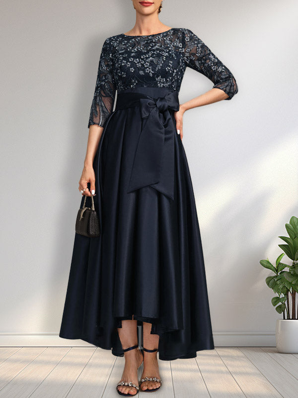 Vestido de madre de la novia de encaje satinado asimétrico con ilusión de corte A y lazo