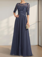 Vestido de gasa de encaje con escote en A y ilusión hasta el suelo para madre de la novia con lentejuelas plisadas