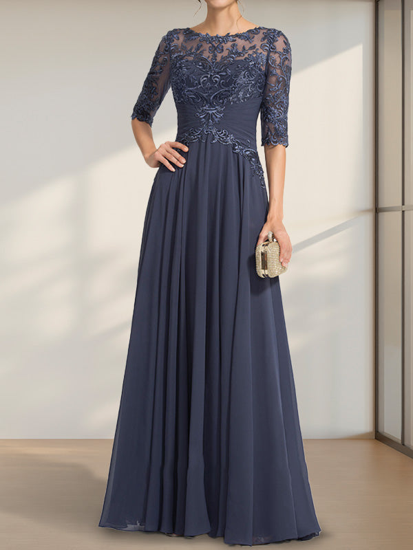 Vestido de gasa de encaje con escote en A y ilusión hasta el suelo para madre de la novia con lentejuelas plisadas
