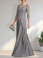 Vestido de gasa para madre de la novia con encaje, corte A, escote redondo, ilusión, largo hasta el suelo, con lentejuelas y abalorios y volantes en cascada