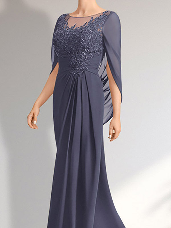 Vestido de gasa con encaje, ilusión, corte A, largo hasta el suelo, para madre de la novia con lentejuelas plisadas