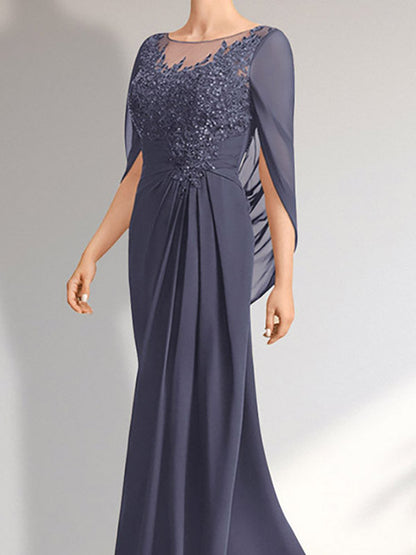 Vestido de gasa con encaje, ilusión, corte A, largo hasta el suelo, para madre de la novia con lentejuelas plisadas