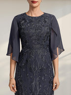 Vestido para madre de la novia de gasa con encaje, corte tubo, escote redondo y largo hasta la rodilla