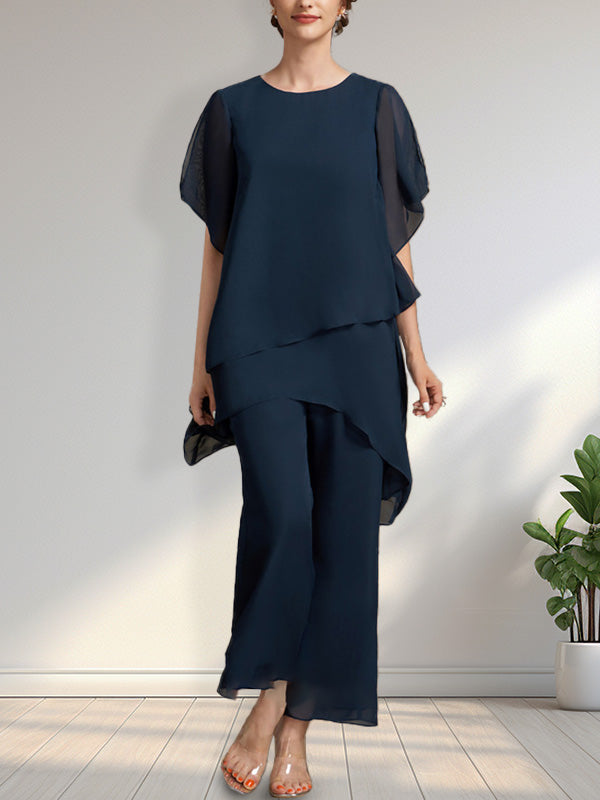 Vestido de gasa para madre de la novia, con escote redondo y largo hasta los tobillos, de mono/pantalón separado