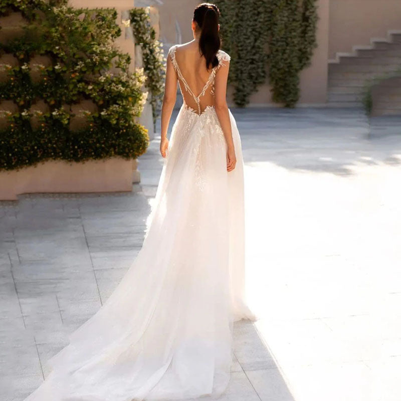 Sexy Deep V-Neck Wedding Dresses Cap Sleeve Backless Bride Gowns Elegant Tulle Lace Appliques A-Line Vestidos De Novia-payinti