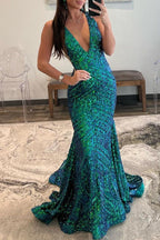 Nina | Vestido de fiesta largo estilo sirena con lentejuelas rosas y escote en V profundo