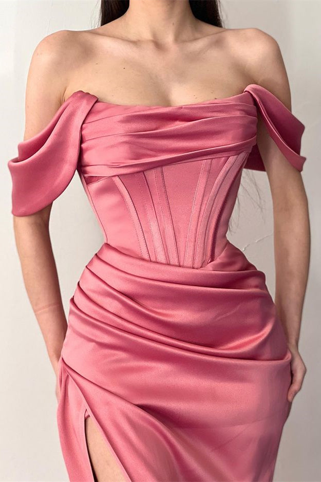 Off The Shoulder Mermaid Prom Dress with Elegant Pleats and Daring Split