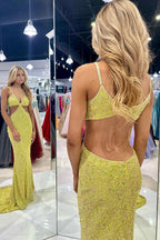 Terri | Vestidos de fiesta largos con escote en V profundo y lentejuelas verde mostaza