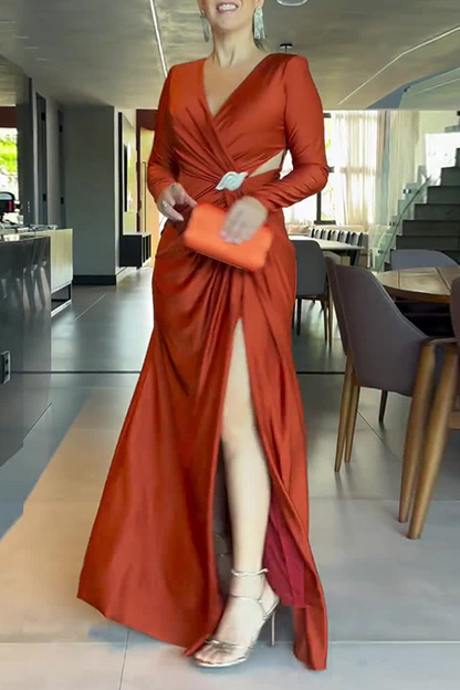 Prom Elegant Hollow Out Slit Ruched V Neck Evening Dresses(4 Colors)