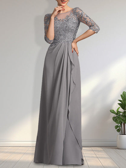Vestido de gasa para madre de la novia con encaje, corte A, escote redondo, ilusión, largo hasta el suelo, con lentejuelas y abalorios y volantes en cascada