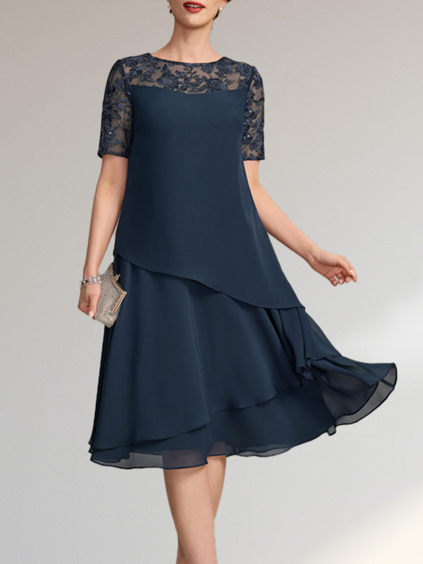 Vestido de gasa con encaje y lentejuelas para madre de la novia, corte A, escote ilusión, largo hasta la rodilla