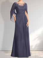 Vestido de gasa con encaje, ilusión, corte A, largo hasta el suelo, para madre de la novia con lentejuelas plisadas