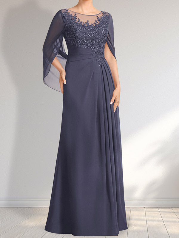 Vestido de gasa con encaje, ilusión, corte A, largo hasta el suelo, para madre de la novia con lentejuelas plisadas