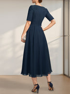 Vestido de gasa para madre de la novia, corte A, escote redondo, largo hasta la rodilla, con apliques de encaje y lentejuelas