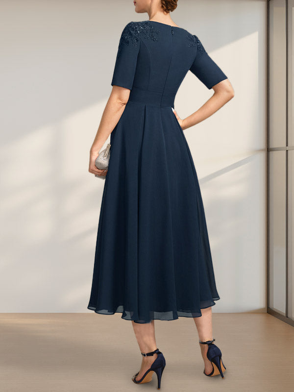 Vestido de gasa para madre de la novia, corte A, escote redondo, largo hasta la rodilla, con apliques de encaje y lentejuelas